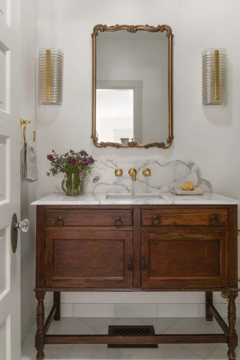 Historic Bathroom, Future Farmhouse, Mosaic Floors, 2024 Bathroom, Masculine Bathroom, Sink Skirt, Craftsman Bathroom, Bath Redo, Dresser Vanity