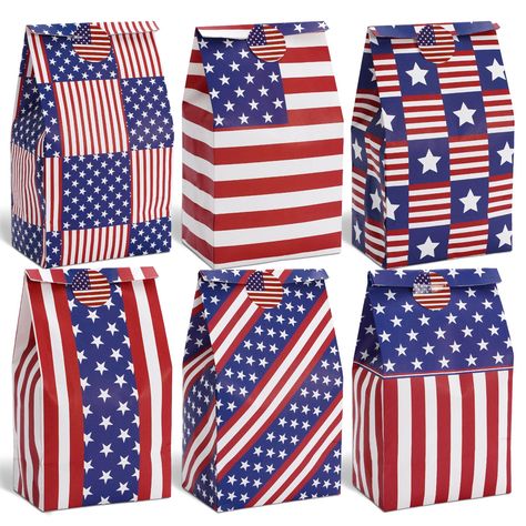 PRICES MAY VARY. WHAT YOU WILL GET: 36pcs 4th of July paper bags with 6 designs, each design has 6pcs, and 36pcs matching seal stickers, sufficient to meet your different needs for party favors. PATRIOTIC DESIGN: Taking navy blue, red and white as theme colors, patterned with American flag, stars and stripes, delicate and unique, great accessories for party use. WONDERFUL FOR GIFT WRAPPING: Our treat bags have no handle, for which they can be folded to the proper height you want, you can put toy Veterans Day Goodie Bags, Patriotic Treats, American Flag Sticker, Paper Bag Design, American Flag Stars, American Gifts, Mini Flags, Candy Bags, Candy Gifts