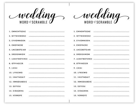 Free Printable Bridal Shower Games | Wedding Word Scramble Wedding Word Scramble, Bridal Shower Games Free Printables, Free Printable Bridal Shower Games, Shower Games Wedding, Wedding Agenda, Bridal Shower Prizes, Marriage Words, Scramble Words, Wedding Wording