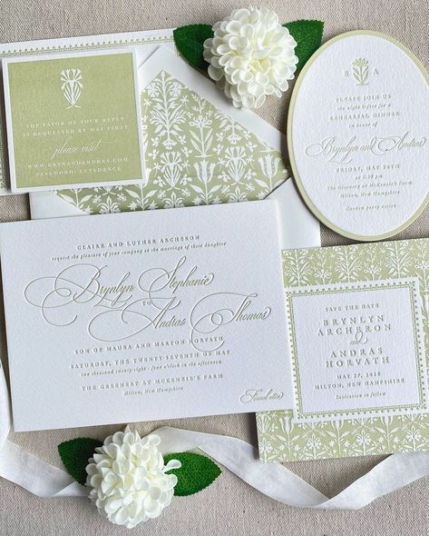 Setting the tone for an exquisite wedding with the Andras suite from @bellafigura. Luxurious cotton paper, soft greens, and a fun oval die-cut. Schedule a consult and let us help you create the wedding suite of your dreams! #fairhopealabama #mobilealabama #stationery #envelopes #envelopeart #envelope #AlabamaWedding #WeddingInvitations #WeddingStationery #WeddingPlanning #BrideToBe #GroomToBe #WeddingInspiration #WeddingDetails #WeddingDay #WeddingPrep #WeddingStationeryDesign #WeddingPaper #... Green Letterpress Wedding Invitations, Scalloped Wedding Invitations, Wedding Invitation Suite Assembly, Vintage Stamps Wedding Invitation, Green Wedding Details, Wedding Personal Touches, Wedding Stationary Design, Wedding Goodies, Catholic Wedding Ceremony