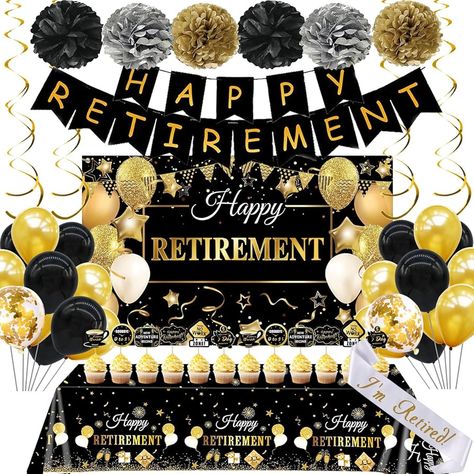 Amazon.com: Retirement Party Decorations Men Women, Black Gold Happy Retirement Party Supplies Including Tissue Paper Pom Poms, Hanging Swirls, Banner, Backdrop, Balloons, Sash, Cake Toppers, Tabblecloth : Toys & Games Party Decorations Men, Retirement Party Ideas Decorations, Retirement Backdrop, Happy Retirement Banner, Retirement Banner, Backdrop Balloons, Retirement Decorations, Black And Gold Balloons, Retirement Party Decorations