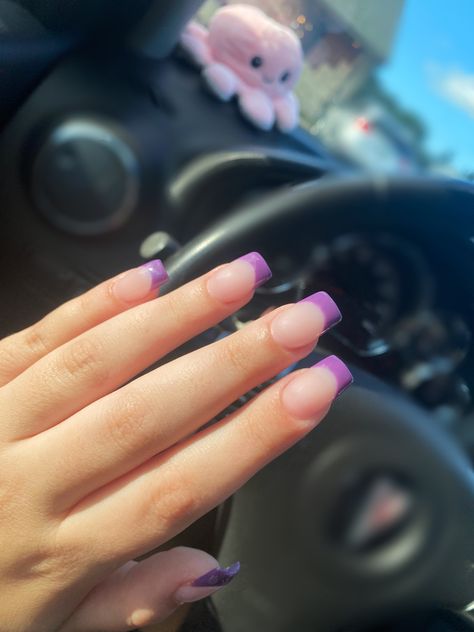 Dark Purple Ombre Acrylic Nails, Purple Nails Short French Tip, Dark Purple Nail French Tip, Purple Tip Nails Coffin, Plum Purple French Tip Nails, Royal Purple French Tip Nails, Bday Nails Ideas Short Purple, White And Dark Purple Nails, Dark Purple Glitter Nails Acrylic