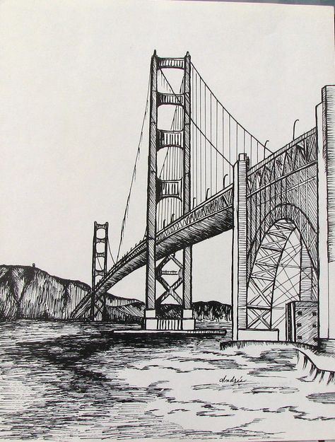 Golden Gate Bridge Drawing, Bridge Drawing, Easy Pencil Drawings, Landscape Pencil Drawings, Architecture Drawing Sketchbooks, Perspective Drawing Architecture, Landscape Sketch, The Golden Gate Bridge, Perspective Art