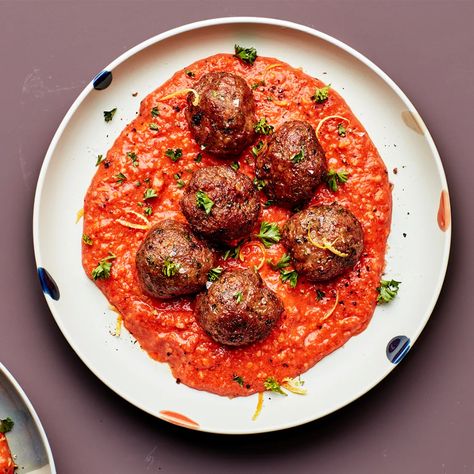 Turkey Meatballs With Romesco Sauce Recipe | Bon Appétit Turkey Meatballs Healthy, Roasted Cauliflower Steaks, Romesco Sauce Recipe, Romesco Sauce, How To Cook Meatballs, Roasted Green Beans, Healthy Turkey, Gluten Free Dishes, Roasted Chicken Breast