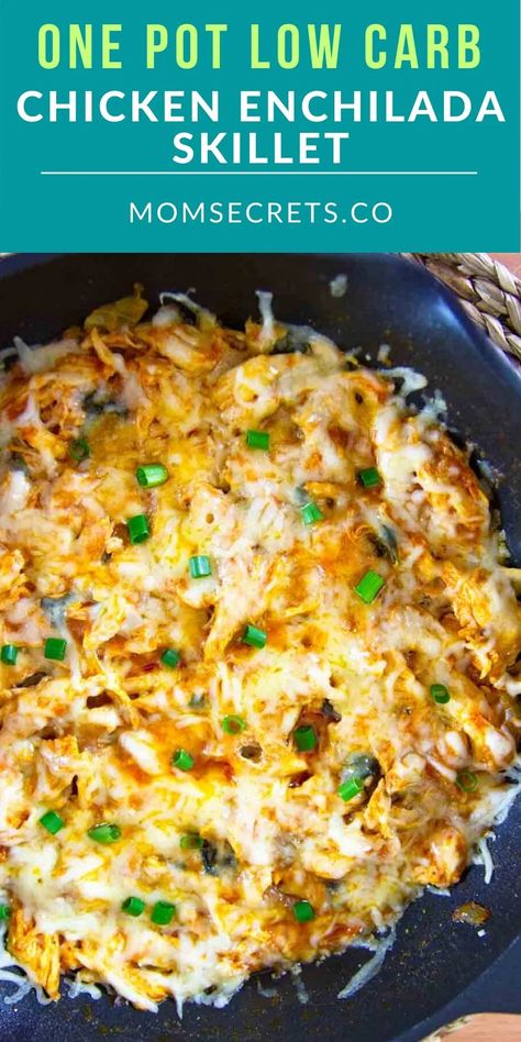 This cheesy, creamy, zesty One Pot Chicken Enchilada Skillet is a family-friendly low carb dinner recipe that is ready in about 30 minutes. #ketodinner Enchilada Skillet, Chicken Enchilada Skillet, Healthy Low Carb Dinners, Boiled Egg Diet Plan, Chicken Enchilada, Low Carb Dinner Recipes, Keto Recipes Dinner, Low Carb Chicken, Low Carb Dinner