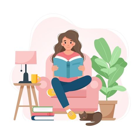 Vector woman reading a book on a chair, ... | Premium Vector #Freepik #vector #people-book #student-reading #reading-book #people-education Cute Vector Illustration, Woman Reading Book, Reading Cartoon, Reading Pictures, Literacy Day, Cute Vector, Books To Read For Women, Woman Reading, Dog Wallpaper