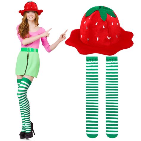 PRICES MAY VARY. Vibrant and Colorful Combo: get ready to transform your look with our cute strawberry hat and green striped socks, this combo makes you stand out in any crowd, ideal for matching with dresses, costumes and various footwear Comfort and Freshness: don't let your comfort be compromised, our strawberry hat and striped socks are crafted from quality cotton, moreover, our hats and socks ensure a snug fit, remaining that it doesn't fall off Universal Sizing: worried about the size? Don Cake Halloween Costume, Strawberry Halloween, Halloween Costume Cute, Maid Halloween, Strawberry Shortcake Costume, Strawberry Costume, Strawberry Hat, Cake Halloween, Striped Stockings