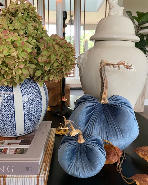 🍂💙🍂 The entry table is all set for Fall! I always love changing up my entry table for each holiday. The new faux florals are so pretty, warm and inviting. I have layers and layers of battery operated candles that come on automatically and cast the most beautiful warm glow. I have our Ocean Velvet Pumpkins placed on each side with a few fall leaves. The hydrangeas in our striped round jar are fresh. I clipped these from my limelight’s that are turning the best fall colors already. Last but cer... Fall Blue Tablescape, Blue Fall Decor, Side Table Decor, Velvet Pumpkins, Battery Operated Candles, Entry Table, Faux Florals, Fall Leaves, Battery Operated