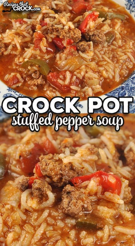 If you are looking for a hearty and delicious soup recipe that everyone loves, I highly recommend checking out this Crock Pot Stuffed Pepper Soup! via @recipescrock Crock Pot Stuffed Pepper Soup, Stuffed Pepper Soup Crockpot, Green Pepper Soup, Chicken Soups, Crockpot Stuffed Peppers, Slow Cooker Stuffed Peppers, Pork Chicken, Stuffed Pepper, Pepper Soup