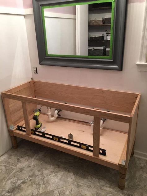 Building-60-inch-DIY-bathroom-vanity-sides-and-rails Build A Bathroom Vanity, Build A Bathroom, Pallet Deck Diy, Diy Bathroom Design, Diy Makeup Vanity, Diy Bathroom Vanity, Rustic Bathroom Vanities, Vanity Ideas, Bathroom Red