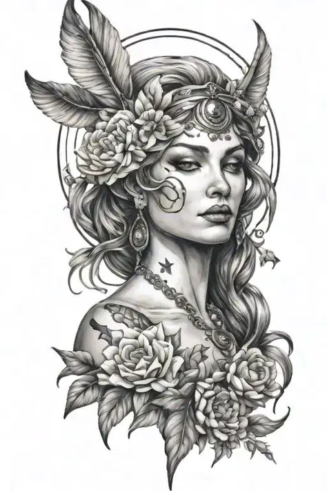 Realism "Artemis Moon Goddess" Tattoo Idea Earth Goddess Tattoo Divine Feminine, Moon Goddess Tattoo, Goddess Tattoo Design, Greek Goddess Tattoo, Mandela Tattoo, Dandelion Paperweight, Gaia Goddess, Realism Tattoos, Aphrodite Goddess