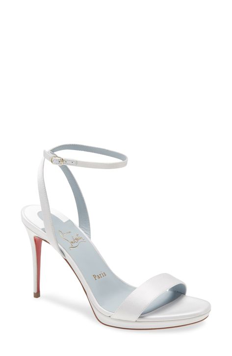 Christian Louboutin Loubi Queen Ankle Strap Sandal available at #Nordstrom French Cabaret, Loubi Queen, White Stiletto Heels, Red Lacquer, Strap Sandals Women, Wet Weather, Footwear Design Women, Silk Crepe, Ankle Strap Sandals