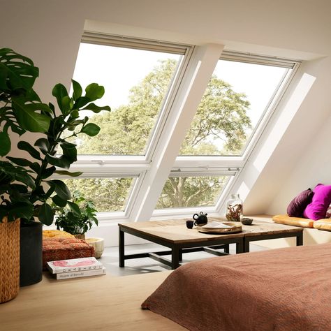 VELUX roof windows - Multiple windows - window combinations Small Attic Room, Pitched Roof Window, Roof Balcony, Attic Bedroom Designs, Balcony Window, Attic Conversion, Attic Bedrooms, Hemma Diy, Attic Renovation