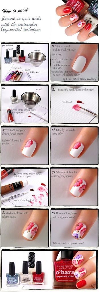 Tutorial de uñas para hacer flores Aquarelle Nail Art Tutorial, Watercolor Nail Art Tutorial, Aquarelle Nail Art, Nails Art Flowers, Watercolor Nail Art, Flowers Nails, Water Color Nails, Picture Polish, Flowers Tutorial