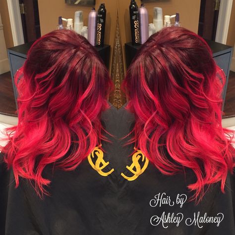 Vibrant red balayage ombré using both redken and pravana. Hair by Ashley @ Dean Sadler Hair Studio Bright Red Ombre Hair, Red Two Tone Hair, Bright Red Balayage Hair, Red Roots Hair, Hair Stages, Vibrant Red Hair, Red Balayage Hair, Red Hair Looks, Red Hair With Highlights