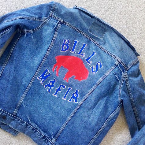 Bills Outfit Buffalo, Buffalo Bills Jean Jacket, Nfl Denim Jacket, Bills Sweatshirt, Buffalo Bills Zubaz Print, Buffalo Bills Apparel, Buffalo Bills Gear, Levis Denim Jacket, Levis Denim