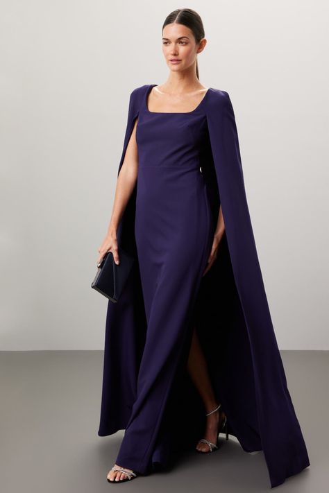 Marchesa Notte Cape Column Gown Purple Cape Dress, Gown With Cape, Purple Cape, Floral Dresses With Sleeves, Dream Birthday, Burnout Velvet Dress, Gala Outfit, Rent Dresses, Cape Gown