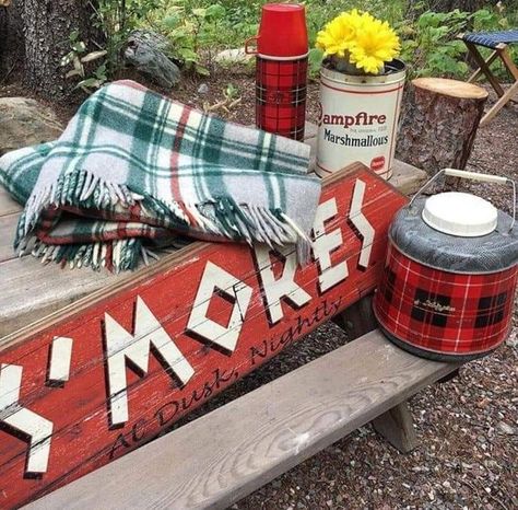 Campfire Marshmallows, Plaid Blankets, Vintage Thermos, Vintage Cabin, Camping Style, Camp Style, Camping Decor, Camp Fire, Camping Items