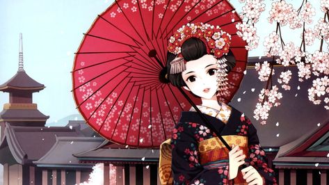 Anime Geisha Desktop Wallpapers Anime Wallpaper 1920x1080, Flower Kimono, Japanese Umbrella, Anime Kimono, Umbrella Art, Girls With Black Hair, Japanese Geisha, Japanese Animation, Japanese Outfits