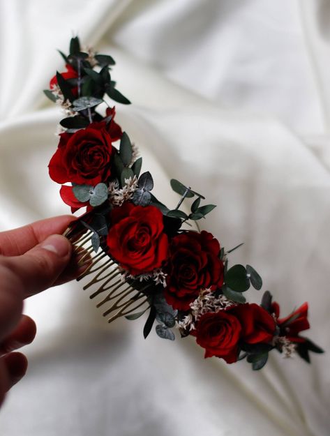 Red Wedding Headpiece, Mexican Hair Piece, Hair Comb For Wedding, Red Rose Flower Crown, Red Hair Jewelry, Red And Black Hair Accessories, Red Rose Hair Accessories, Roses In Hair Wedding, Fake Flowers In Hair