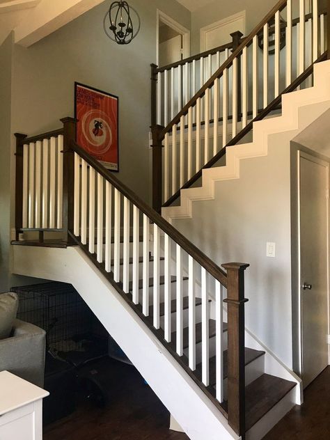 “We needed to update our dated, dangerous stair rail!” Look at how amazing it is now! Railing Makeover, Cable Stair Railing, Banister Remodel, Stair Railing Makeover, Farmhouse Stairs, Interior Stair Railing, Split Entry, Stair Rails, Modern Stair Railing