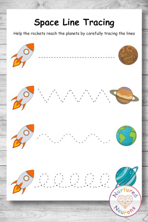 Blast off with this awesome line tracing sheet! These space line tracing worksheets are great for developing early writing skills and pencil control. You can grab these space printables over at Nurtured Neurons today! #spaceworksheets #kindergartenworksheets #preschoolworksheets #spacetheme #spacelearning #linetracing #tracingpages Space Prewriting Activities, Pencil Control Activities Preschool, Prek Space Activities, Space Kindergarten Activities, Space Worksheets For Preschool, Outer Space Worksheets, Planets Preschool, July Worksheets, Space Sensory