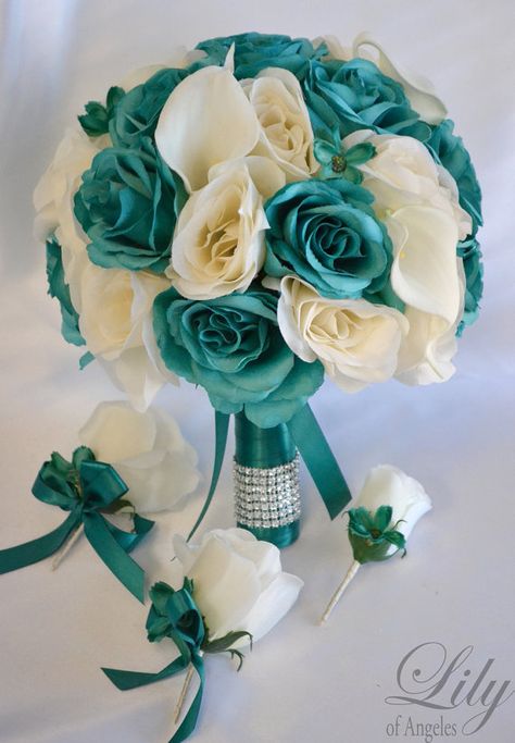 17 Piece Package Bridal Bouquet Wedding Bouquets by LilyOfAngeles Round Bouquet, Bouquet Bridesmaid, Green Bouquet, Bridal Bouquet Flowers, Silk Flower Bouquets, Teal Wedding, Turquoise Wedding, Teal Flowers, Silk Flowers Wedding