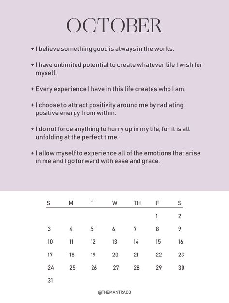 Download the FREE Mantra Calendar for October 2021. Mantra For October, October Affirmations, Affirmation Calendar, Motivational Mondays, Journal Banner, Mindfulness Journal Prompts, Morning Mantra, Bullet Journal Banner, Positive Mantras