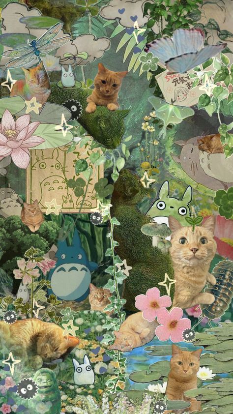 Studio ghibli with my cat!! Inspired by @svftandtireddd  #nature #totoro #cat #plants #ghibli #green Ghibli Wallpaper, In The Woods, Your Aesthetic, Energy, Collage, Plants, Flowers, Green, Animals