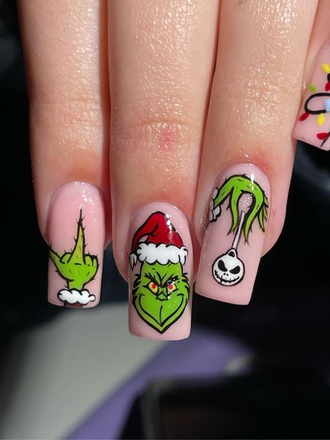 Grinch And Jack Skellington, Skellington Nails, Jack Skellington Nails, O Grinch, Die Hard Christmas, Nightmare Before Christmas Nails, Simple Fall Nails, Summer Gel Nails, Fingernail Designs