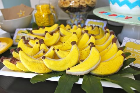 Love these banana cookies for a monkey themed birthday party #bananapartyideas #bananabirthdayparty #gobananasbirthdayparty #monkeybirthdayparty #monskeybirthdaypartydecorations #gobananasbirthdaypartydecorations #kidsbirthdayparty #kidsbirthdaypartyideas #boybirthdayparty #girlbirthdayparty Curious George Party Ideas, Monkey Party Ideas, Banana Birthday, Banana Party, Sock Monkey Birthday, Monkey Birthday Party, George Birthday Party, Monkey Birthday Parties, Curious George Birthday Party