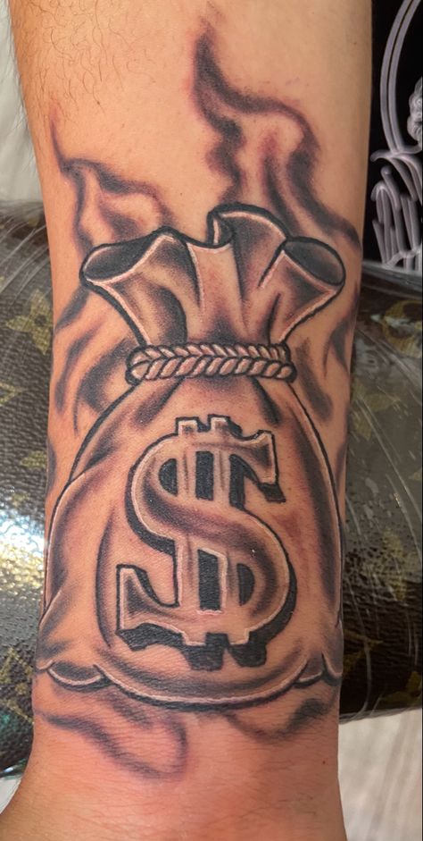 Lips With Money Tattoo, Men Hood Tattoos, 50 Dollar Tattoos For Women, Putter Arm Tattoos, Money Bag Drawing Tattoo, South Central La Tattoo, Simple Hood Tattoos, Money Bag Stencil, Hood Tattoos Men