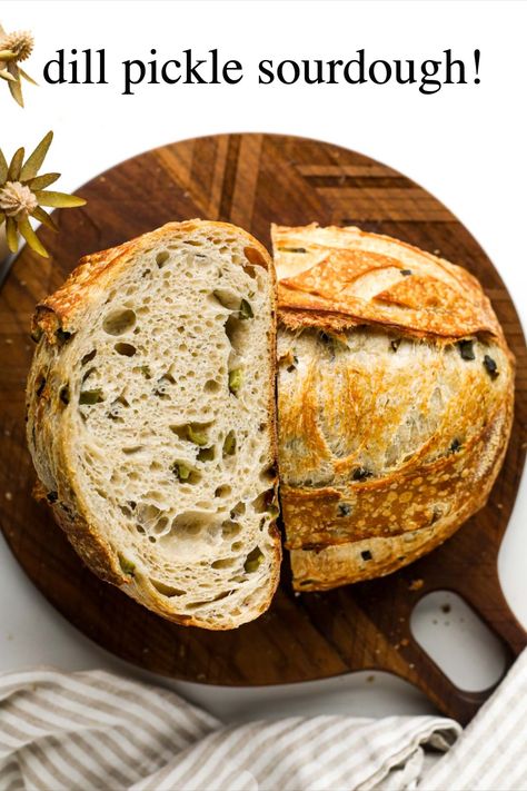 dill pickle sourdough bread on cutting board Bread Inspiration, Heartbeet Kitchen, Making Dough, Vegan Breads, Bread Scoring, Oven Bread, Starter Recipes, Discard Recipes, Homemade Sourdough Bread