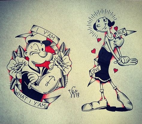 Love these drawings of Popeye and Olive Oyl!!! Would be fun tattoo! Popeye Tattoo, Popeye Cartoon, Cute Tattoo Ideas, Popeye And Olive, Sailor Jerry Tattoos, ポップアート ポスター, Cartoon Tattoo, Popeye The Sailor Man, Dibujos Tattoo