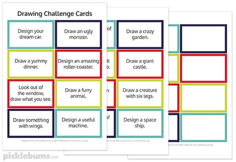 Free printable drawing challenge cards - play this easy and fun drawing game. Kids Drawing Challenge, Win Lose Or Draw Game Ideas, Challenge Activities For Kids, Easy Card Games For Kids, Playdoh Challenge Cards, Easy Art Ideas Drawing, Challenge Games For Kids, Fun Drawing Games, Art Ideas Drawing