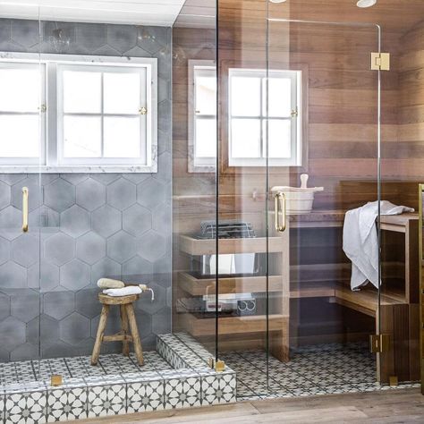 This shower/sauna combination from @huitlaguna has always been one of our favorites! The combination of our Pacific Grey Hex and the Atlas… Shower Sauna Combo, Sauna Bathroom Ideas, Sauna Bathroom Design, Shower Sauna, Diy Sauna, Sauna Shower, Sauna Diy, Sauna Design, Rustic Bathrooms