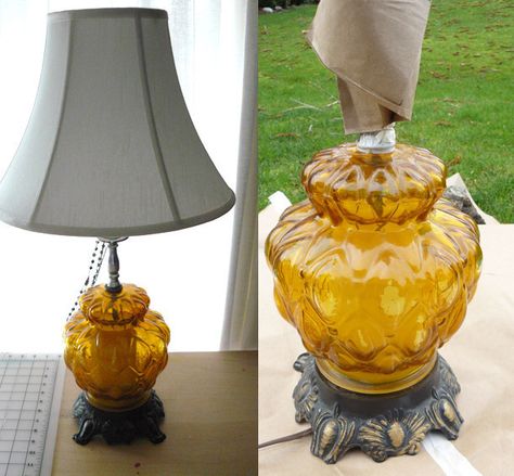 Lamp makeover Refurbished Lamps Diy, Painting Glass Lamps, Old Lamps Repurposed, Repurposed Lamp Base, Old Lamps Makeover, Handmade Lamps Ideas, Glass Lamp Makeover, Vintage Lamp Makeover, Antique Lamps Vintage Lighting