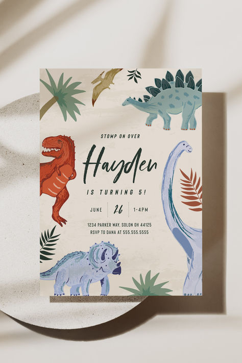 Dinosaur Invitation, Dinosaur Birthday Invitations, Dinosaur Themed Birthday Party, Second Birthday Ideas, Birthday Template, Modern Invitation, Birthday Surprise, Dinosaur Birthday, 4th Birthday Parties