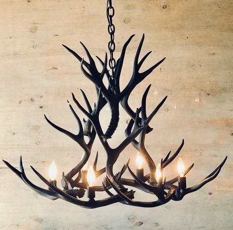 Antler Chandelier Matte Black Diy Antler Chandelier, Cabin Chandelier, Diy Antler, Deer Antler Chandelier, Black Antlers, Antler Ideas, Painted Antlers, Big Bear Cabin, Antler Lights