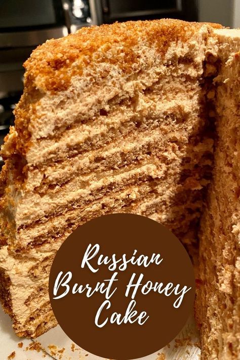 How to make a delicious 10-layer Russian burnt honey cake | How to make the traditional Russian medovik or honey cake, though this recipe has a few twists. It's complicated but not difficult, a spectacular & delicious dessert for a special occasion! How to make Russian honey cake. Burnt Honey Cake, Medovik Russian Honey Cake, Traditional Russian Desserts, Layered Honey Cake, Honey Cake Filling, Russian Honey Cake Recipe Video, Russian Honey Cake Recipe, Medovik Recipe, Honey Cake Recipe Easy