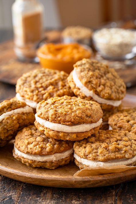 Pumpkin Oatmeal Whoopie Pies, Pumpkin Spice Oatmeal Cream Pies, Apple Oatmeal Cream Pies, Pumpkin Oatmeal Creme Pies, Creme Brulee Pumpkin Pie, Pumpkin Cream Pie Cookies, September Baked Goods, Creamy Pumpkin Desserts, Pumpkin Recipes No Eggs