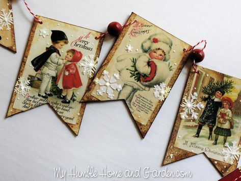 Holiday Bunting Diy, Christmas Banners Ideas Diy, Christmas Paper Bunting Diy, Christmas Bunting Diy, Mini Bunting Ideas, Diy Banner Ideas, Vintage Christmas Banner Printable Free, Bunting Ideas Vintage Style, Christmas Pennant Banner