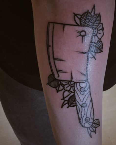 Meat cleaver tattoo (partially completed) done by Ben Peacock at Chakra Tattoo Lounge. So happy with the final result! Meat Cleaver Tattoo, Cleaver Tattoo, Tattoo Lounge, Random Tattoos, Chakra Tattoo, Meat Cleaver, Clever Tattoos, Human Canvas, Back Tattoos