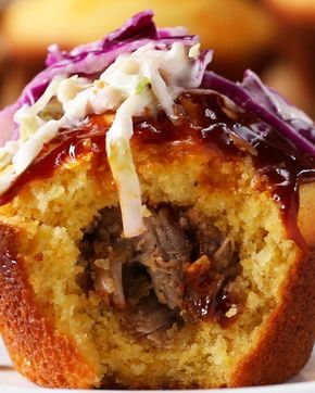 Pulled Pork-Stuffed Cornbread Muffins Recipe by Tasty - I made them with red chile pork, super yummy! Stuffed Cornbread, Red Chile Pork, Savory Cupcakes, Waffle Cone Recipe, Savory Cornbread, Cornbread Muffins Recipe, Cornbread Muffins, Red Chile, Homemade Muffins