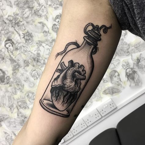 It's best to keep a human heart in a bottle. Best before date unknown. #parliamenttattoo Heart Bottle Tattoo, In A Bottle Tattoo, Human Heart Tattoo, Tell Tale Heart, A Human Heart, Heart Bottle, Anatomical Heart Tattoo, Arm Tats, Bottle Tattoo