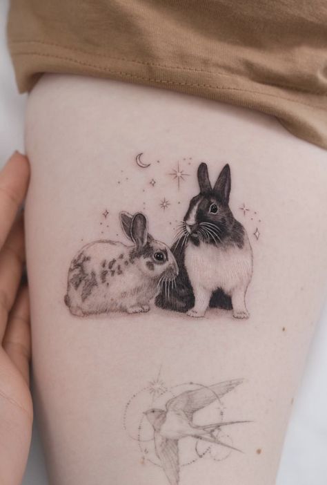 Super cute realistic bunny rabbit tattoo done in London Tattoo Studio EXP Haus - by resident artist Sana. To see more, check out our Instagram @exp.haus. Tattoo studio London / Micro realism tattoos / Pet tattoos / rabbit tattoos / Fine line tattoos / pet portrait tattoo / bunny tattoo Rabbits Tattoo, Bunny Rabbit Tattoo, Tattoo With Stars, Bunny Memorial, Pet Memorial Tattoo, Bunny Tattoo, Rabbit Tattoo, Bunny Tattoos, Books Open