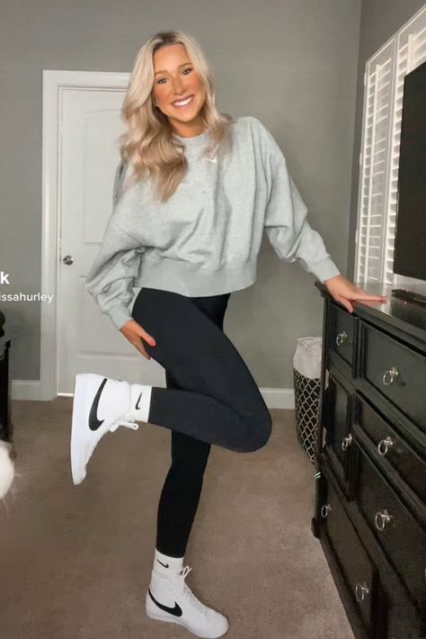 Nike Outfits For Women Fashion, Nike Blazer Outfit Casual, Hi Top Nike Outfit, Nike Blazer Outfit Womens Winter, Nike Women’s Outfits, Woman’s Nike High Top Outfit, Womens Nike Outfits Casual, Leggings With High Tops, Women’s Outfits With High Top Sneakers