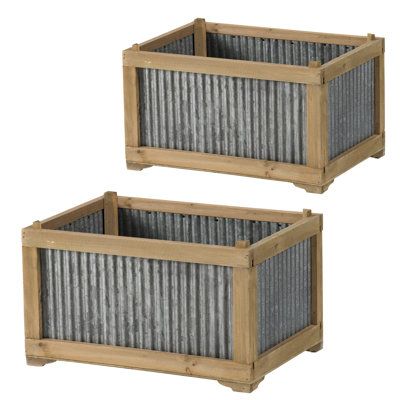 Embrace farmhouse-inspired elements with this set of 2 rectangular box frame planters. Galvanized metal and wood come together to accentuate its rustic flair. Add some effortless style to the garden with the box frame design of these planters. | Gracie Oaks Kali 2-Piece Metal Planter Box Set Wood/Metal in Brown/Gray, Size 11.4 H x 20.1 W x 14.2 D in | Wayfair Diy Wood Planters, Gray Planter, Metal Planter Boxes, Úložný Box, Rectangular Planters, Wood Planter Box, A&b Home, Metal Planters, Wooden Planters