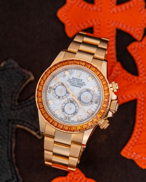 Spooky Szn! 🎃 Happy Halloween from the TPT Family! Rolex Daytona Yellow Gold Orange Sapphire Bezel White MOP Dial Diamond Hour Markers REF: #116578SACO Spooky Szn, Orange Sapphire, Rolex Daytona, Gold Orange, Hair And Beard Styles, Beard Styles, Orange Gold, Watch Collection, Men's Jewelry