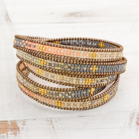 Golden Cross, Printed Jewelry, Beaded Wrap Bracelets, Wrap Bracelets, Beaded Wraps, Hippie Jewelry, Glass Beaded Bracelets, Grey Glass, Bead Bracelets